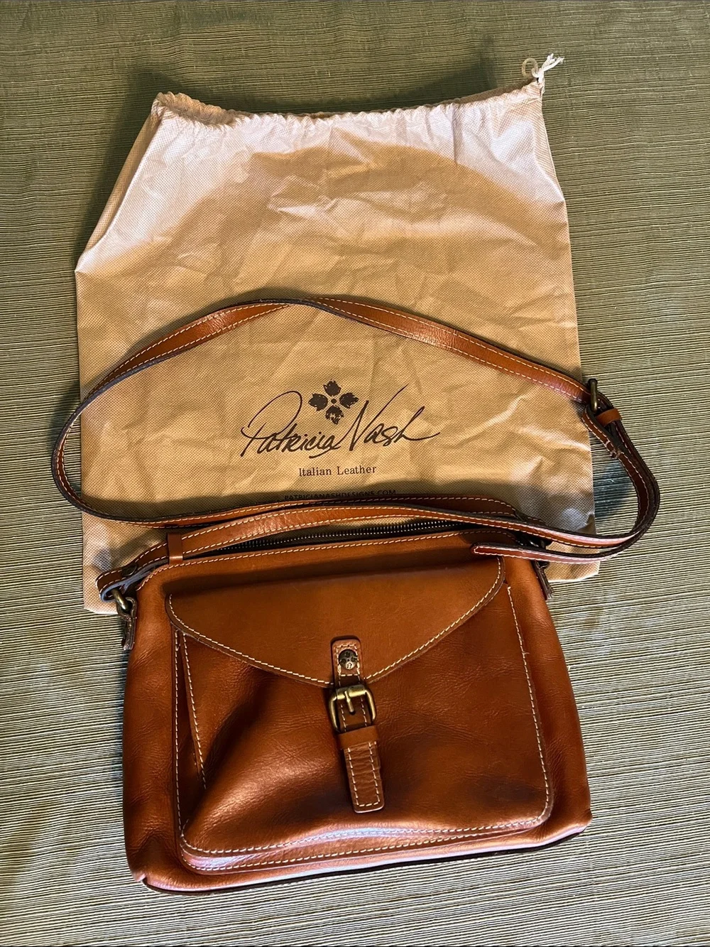 Patricia Nash Cognac Leather Crossbody with Buckle Detail and Matching Wallet